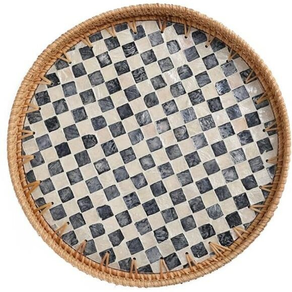 Round Rattan Tray Black Mother of Pearl Inlay Coffee Table Kitchen Decor - Picture 7 of 7